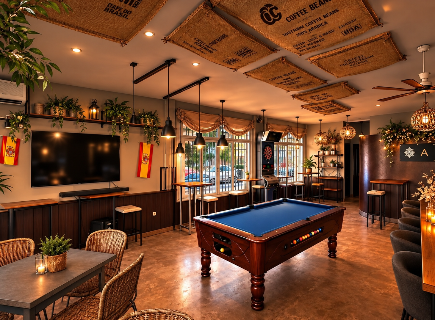Interior de Algazara con su mesa de billar y ambiente cálido